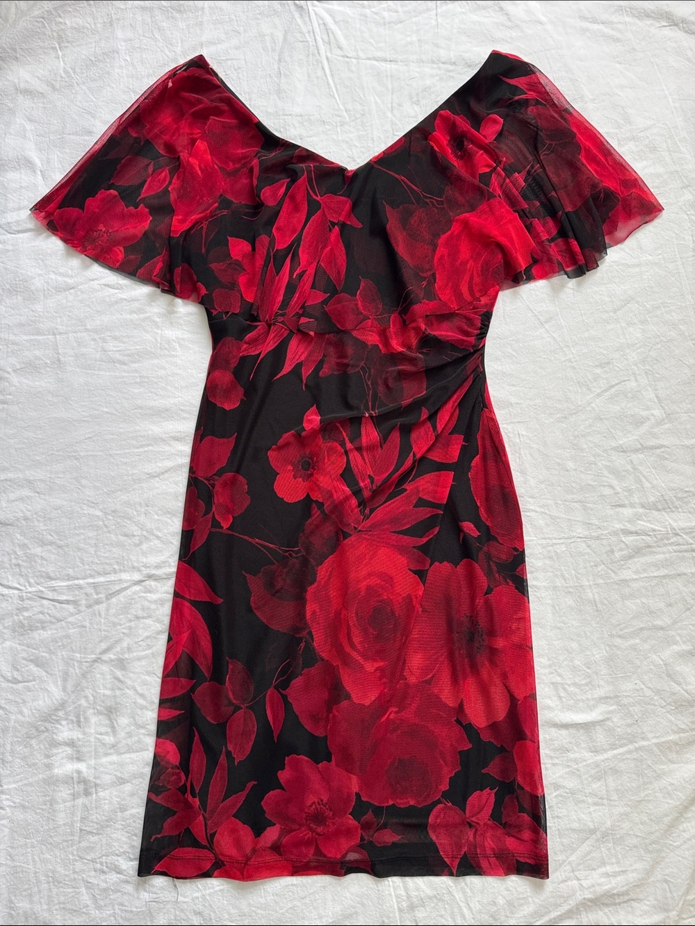 connected apparel Red and Black Floral Off-Shoulder Midi Dress